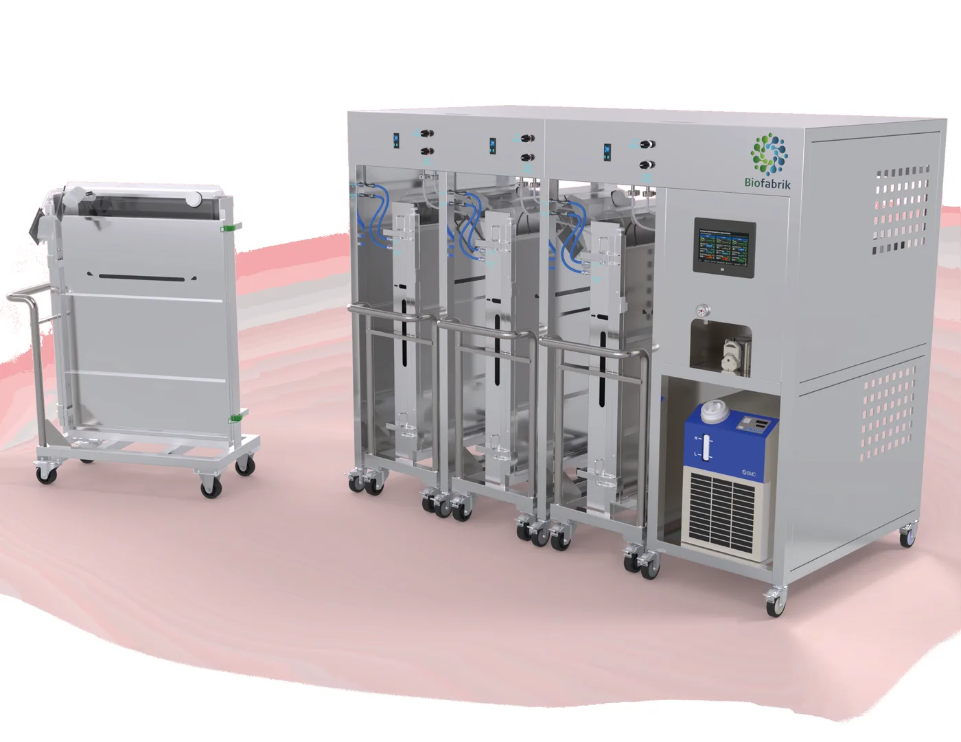 Vista em perspectiva do Biofabrik 300L Modular com três cases e chiller integrado