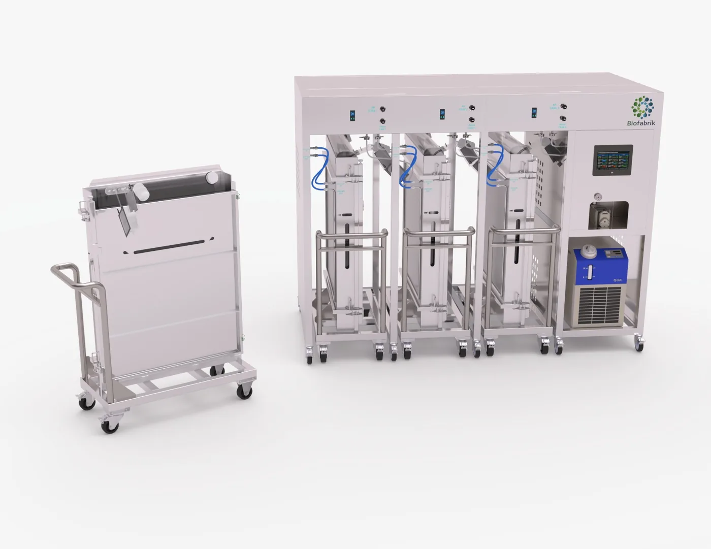 Biofabrik 300L Modular visto de frente, com os três cases alinhados