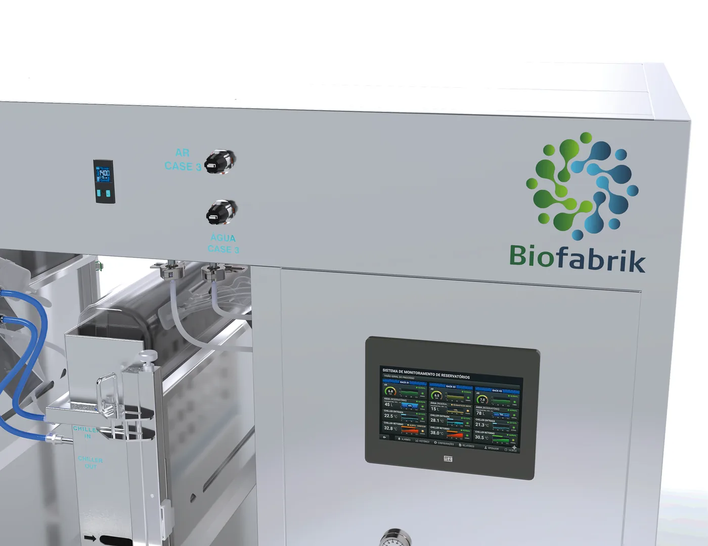 Painel IHM touch do Biofabrik com o sistema de monitoramento de reservatórios