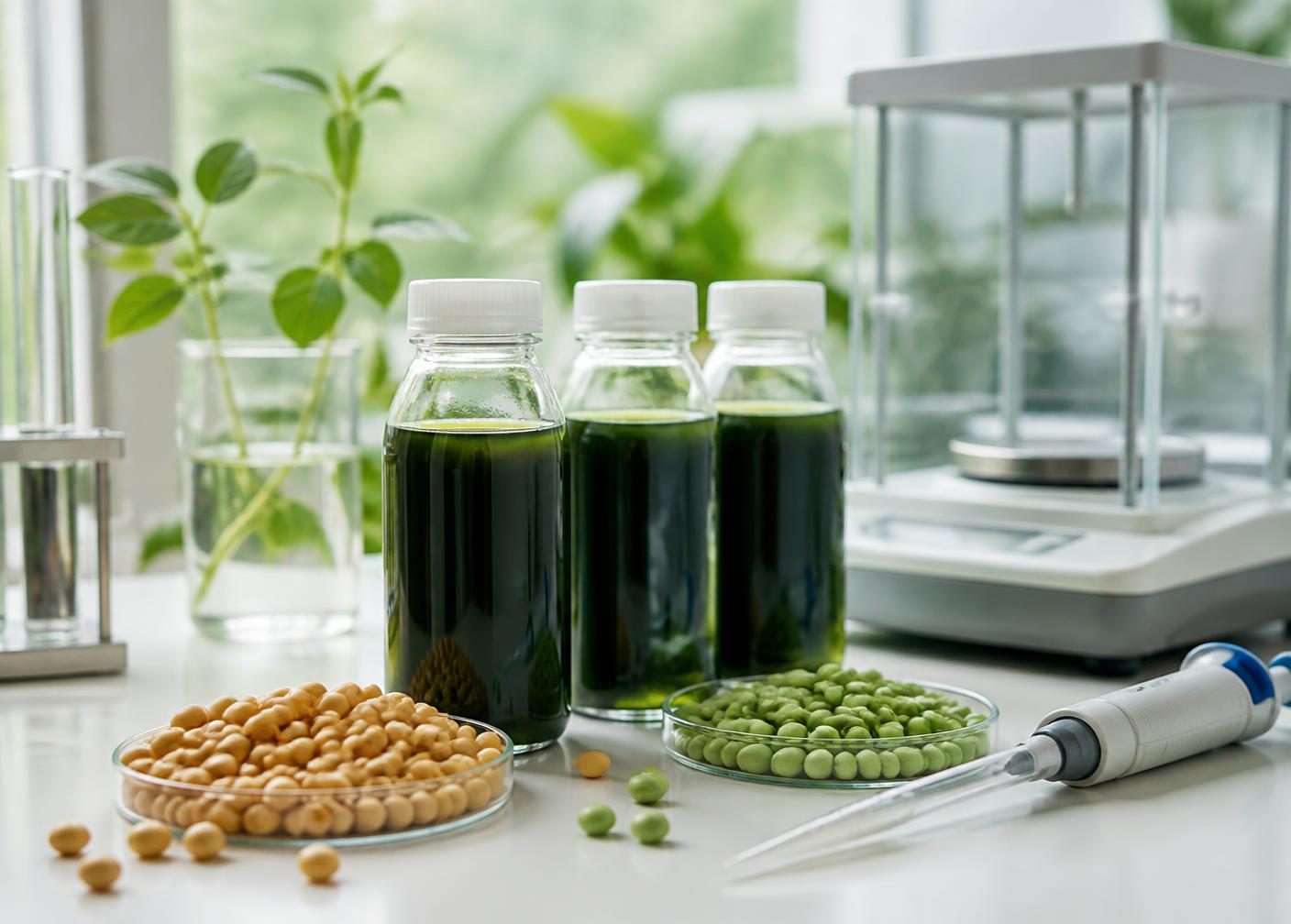 Frascos de inoculante líquido, sementes e balança analítica em bancada de laboratório
